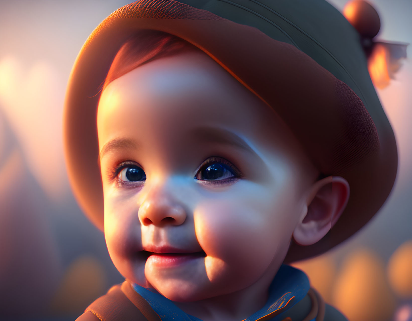 Smiling 3D-animated baby with brown hat and blue eyes