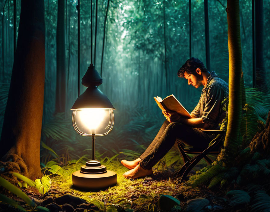 Person reading a book under lamp light in misty forest at twilight