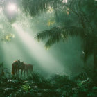 Tropical Forest Scene: Sunbeams, Horses, Green Foliage