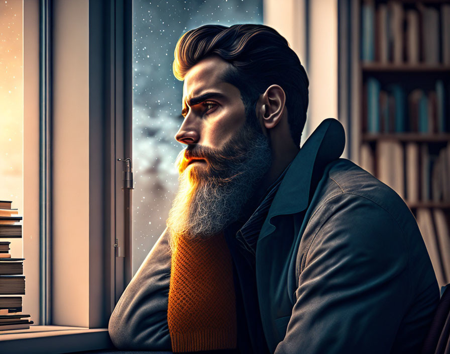 Pensive bearded man gazes out window at snowy night scene in room with book stacks