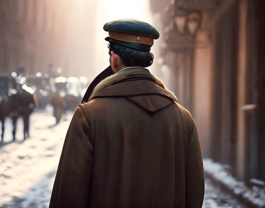 Vintage Attired Man in Old-Fashioned Street Scene