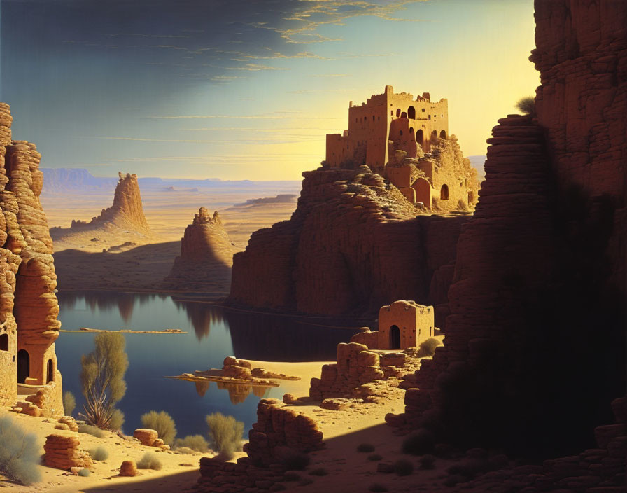 Desert landscape with ancient fortress, river, and rock formations