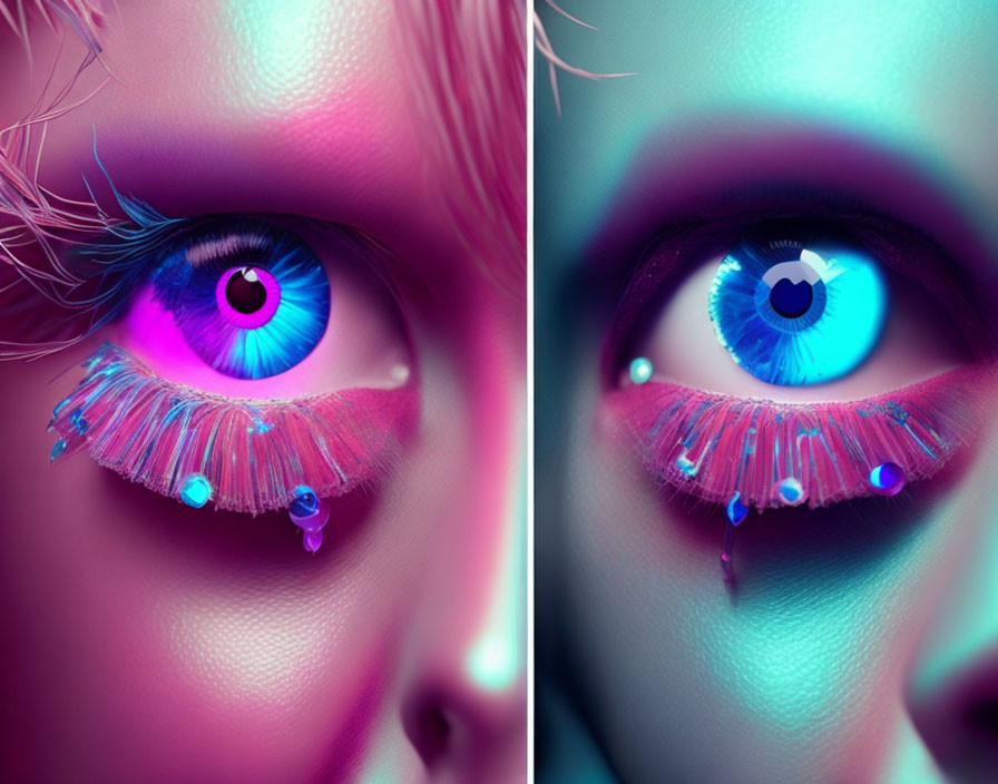 Stylized blue eye with vivid pink and blue hues and decorated eyelashes.