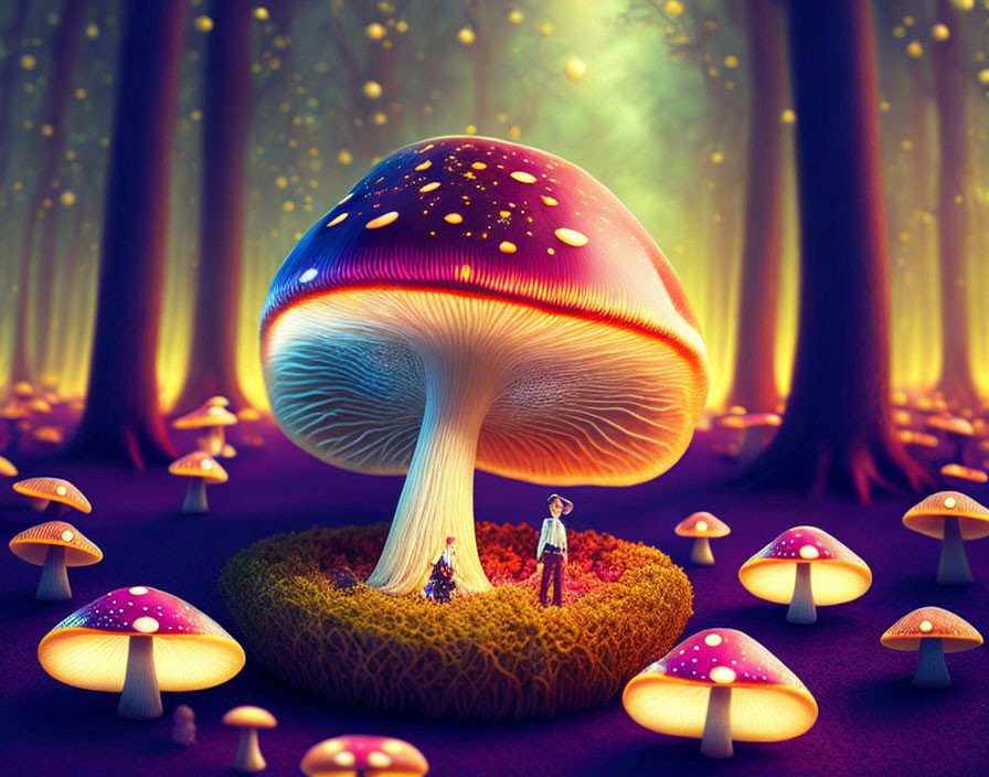 Enchanted forest illustration with oversized glowing mushrooms