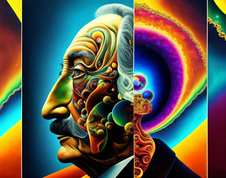 Surreal profile with cosmic patterns on colorful background