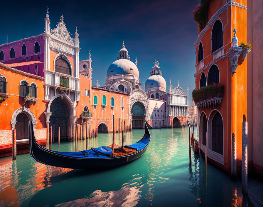 Historic buildings and gondola on vibrant Venice canal