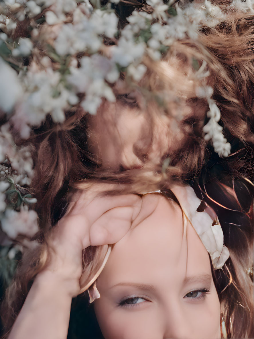 Close-up of woman's face with white flowers, blue eyes, and brown hair.