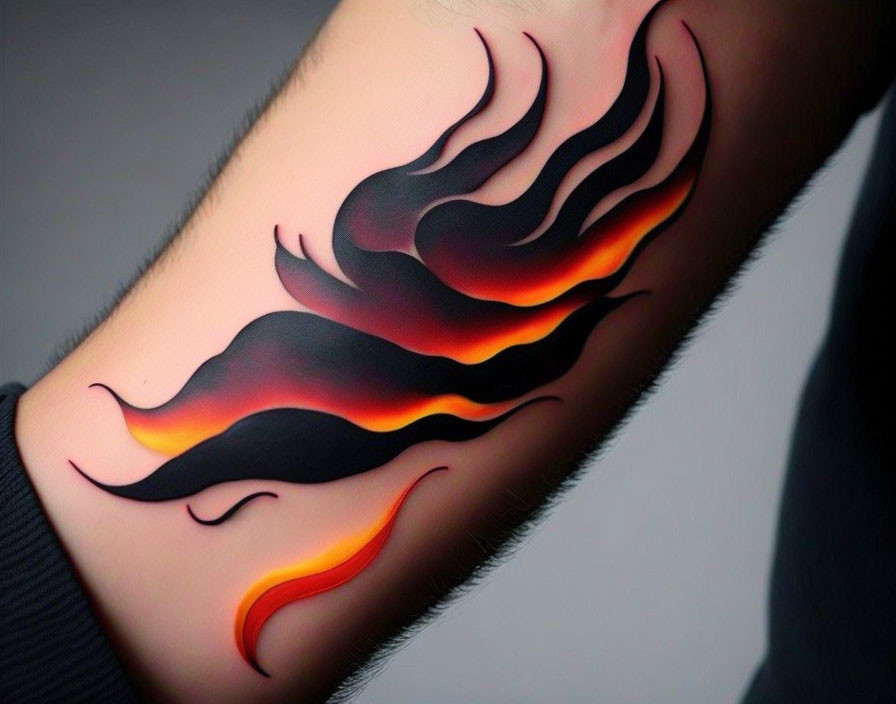 Colorful 3D flame tattoo in black, red, and orange on forearm