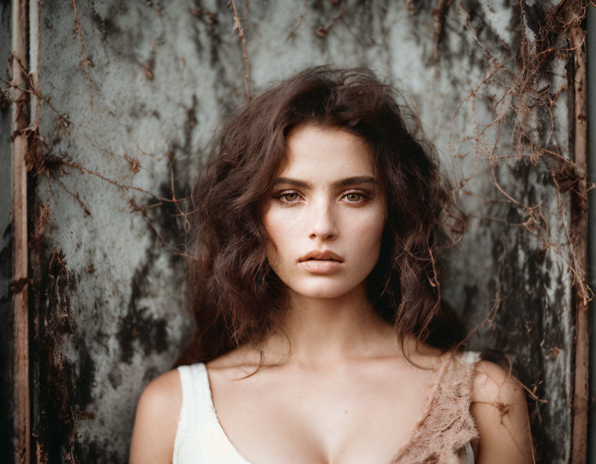 Portrait of woman with tousled hair, intense gaze, freckles, white top, against rusty