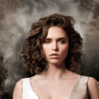 Portrait of woman with tousled hair, intense gaze, freckles, white top, against rusty