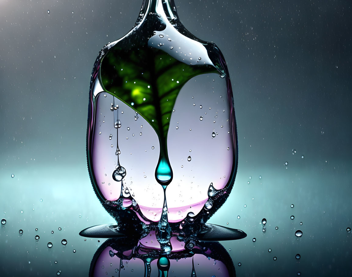 Water Splash in Bulb Shape with Suspended Droplets and Green Core