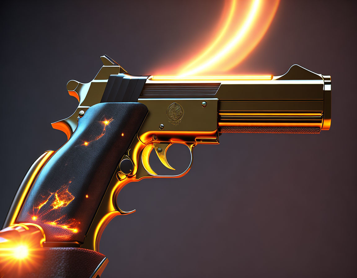 Stylized handgun with fiery blast on dark background