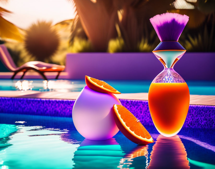 Vibrant surreal image: sliced orange on egg near pool with brush-topped bottle