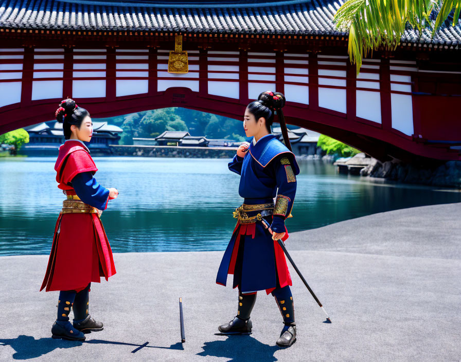 Asian individuals in traditional attire with swords by red bridge and serene pond.