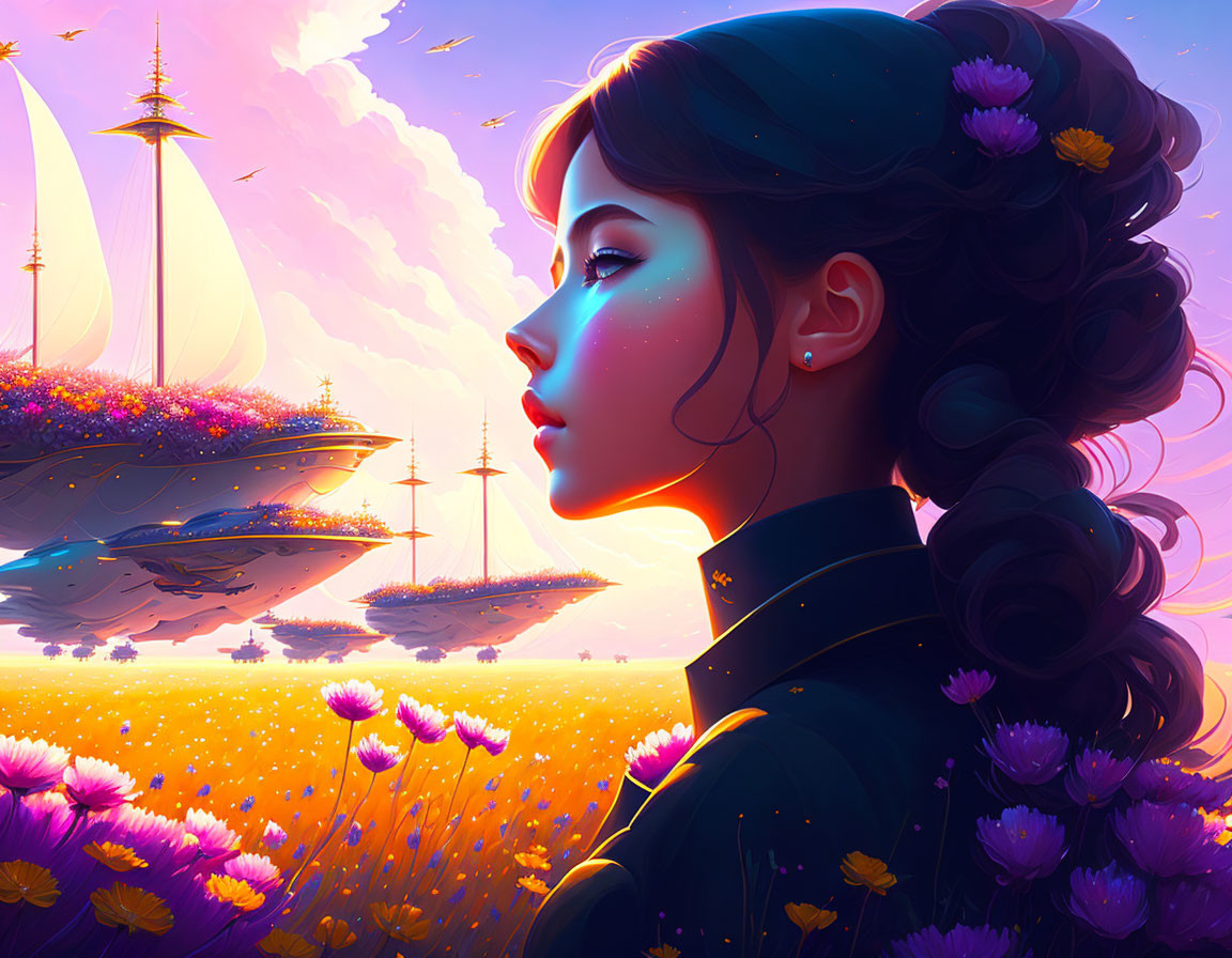 Profile view of young woman with flowers, gazing at floating islands in surreal pink sky