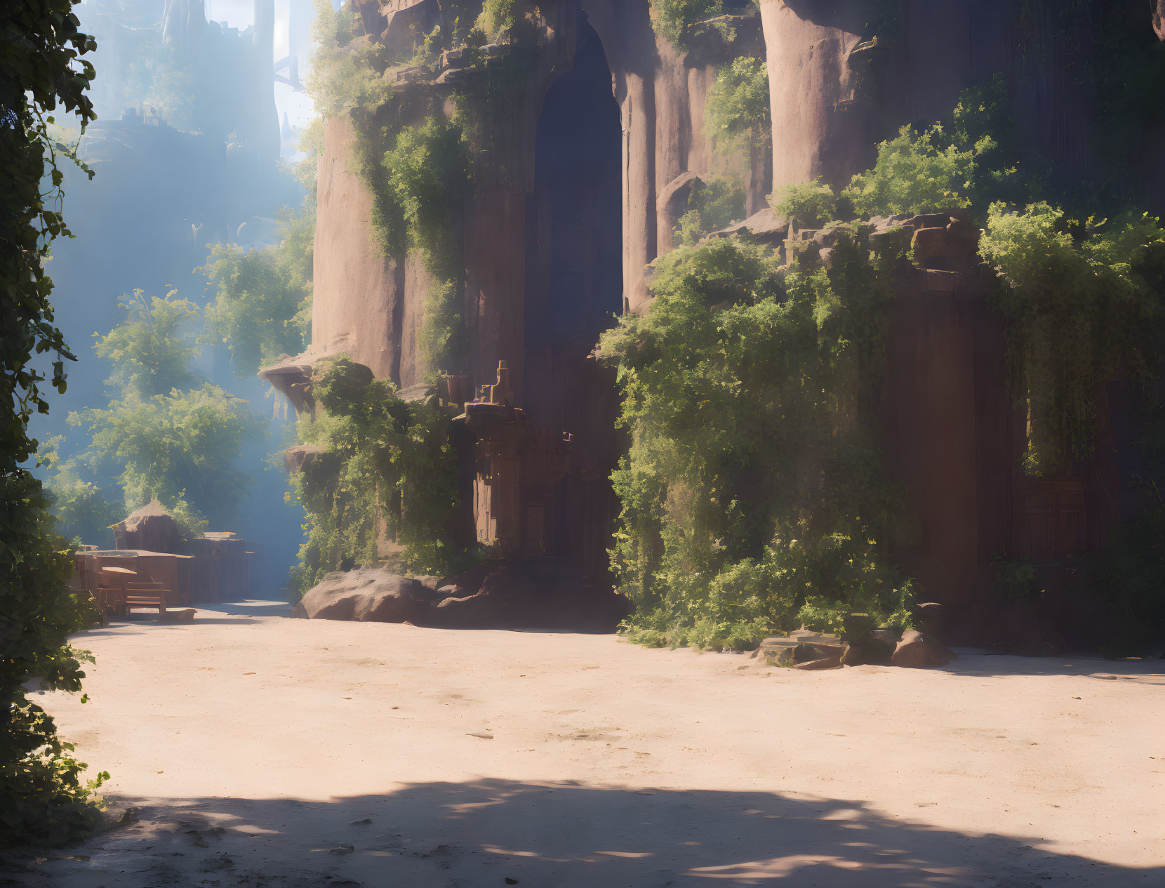 Verdant cliffs and ancient ruins in serene setting