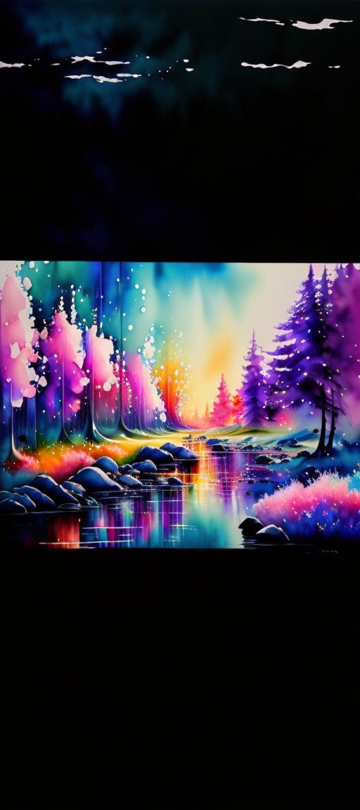 Colorful Watercolor Painting of Forest Landscape with River Reflections