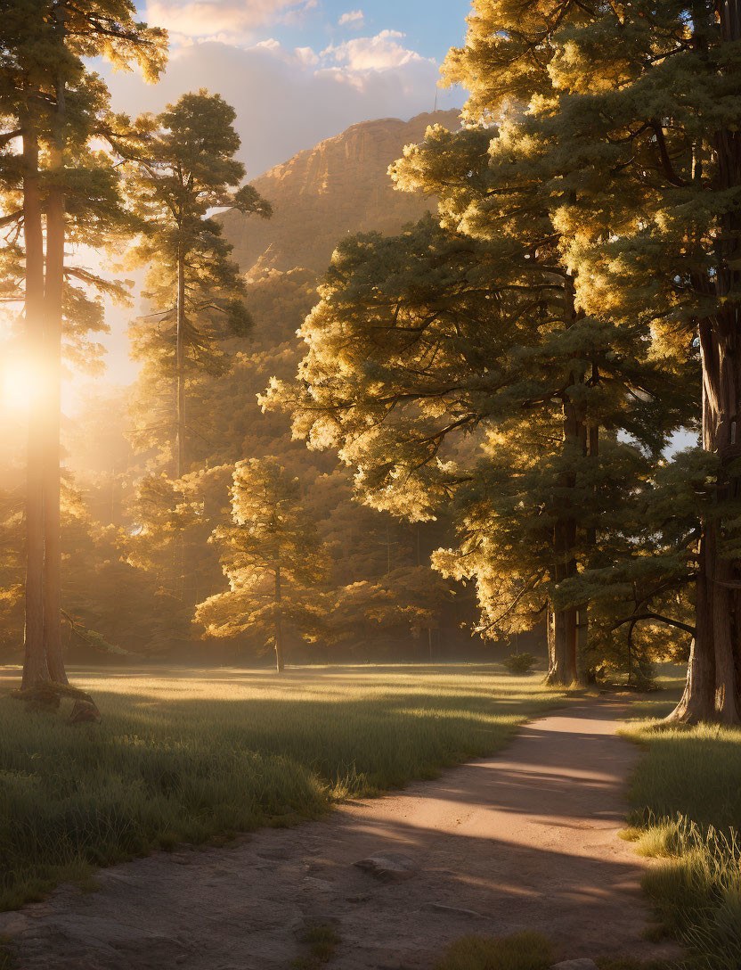 Tranquil woodland scene with winding path and tall trees