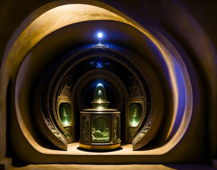 Dimly lit room with concentric arches and central glass case under golden light spotlight