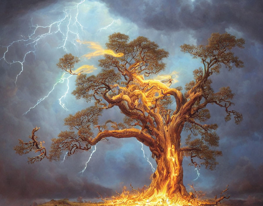 Giant illuminated tree under stormy sky with lightning bolt