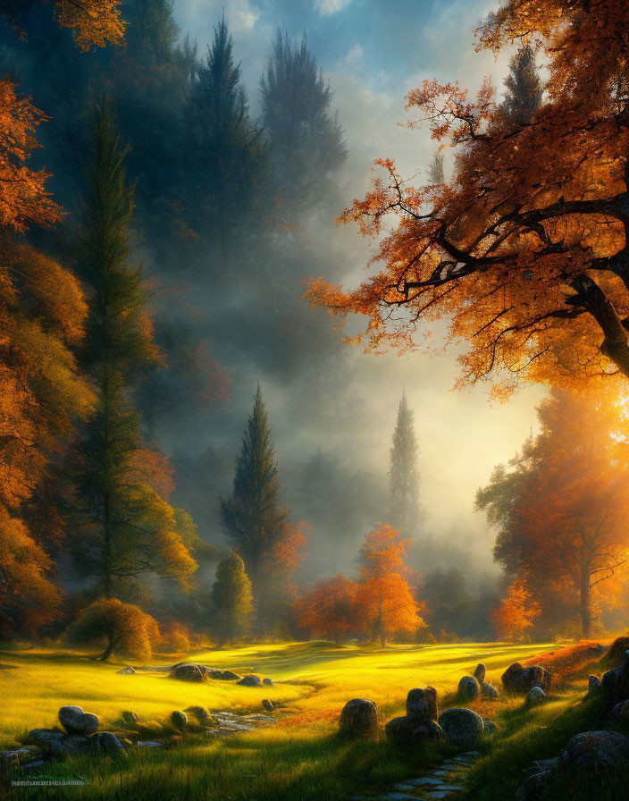 Tranquil autumn landscape with tall trees and golden sunlight