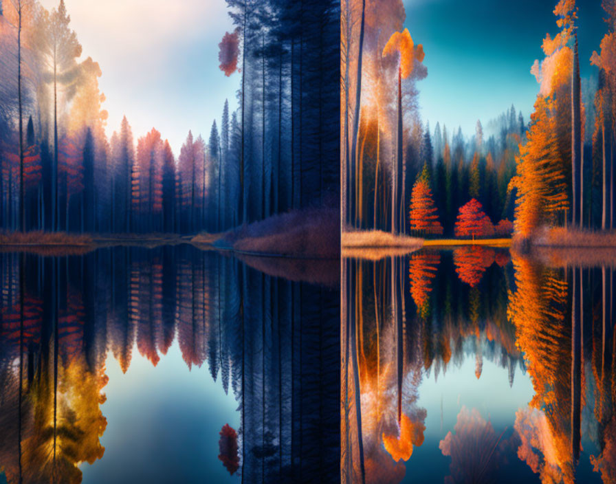 Tranquil autumn forest with vibrant orange trees reflected in glass-like lake