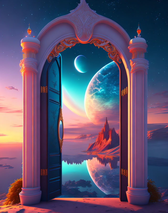 Ornate open doorway to fantastical mountain landscape