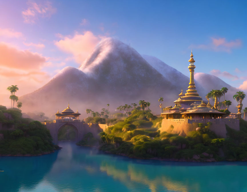 Serene blue lake, golden-domed palace, palm trees, misty mountains at sunrise.