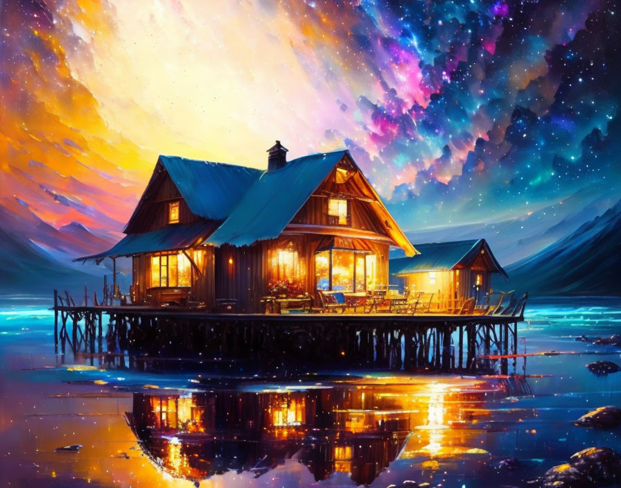 Twilight lakeside cabin illustration with starry sky reflection