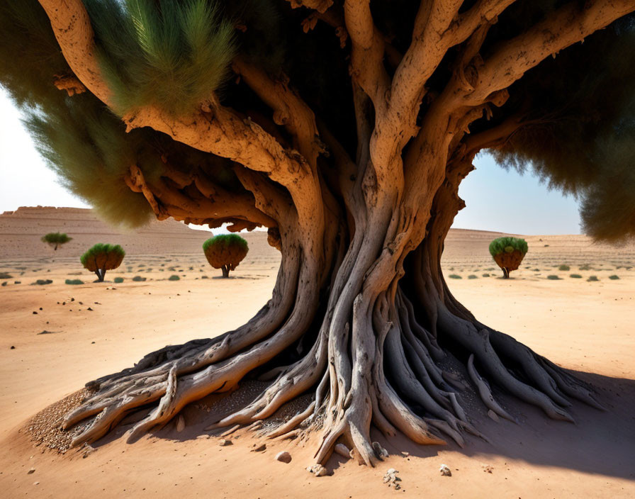 Majestic gnarled tree in sandy desert landscape