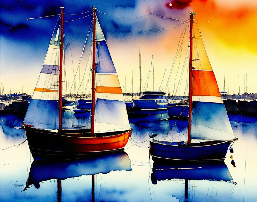 Colorful sunset sky with sailboats in calm waters