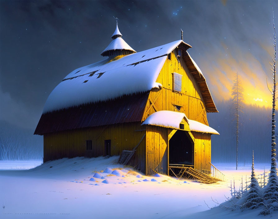 Twilight snow-covered barn in serene winter landscape