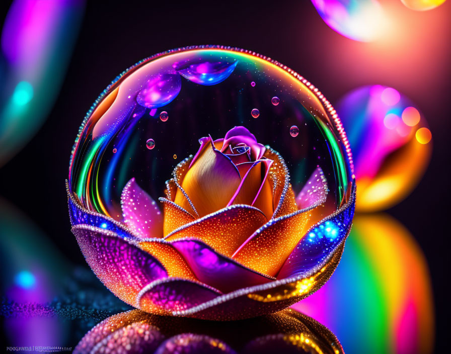 Colorful Crystal Ball with Glowing Rose and Bubbles