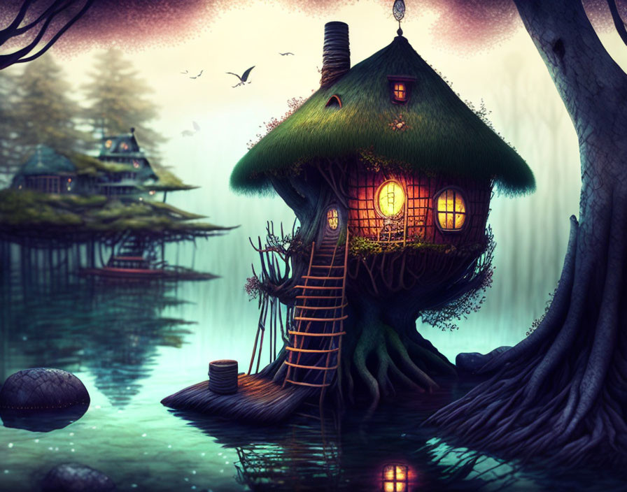 Whimsical treehouse in misty forest with glowing windows