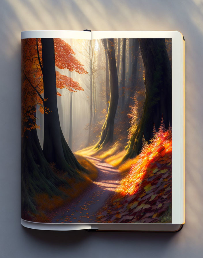 Realistic autumn forest scene in open book