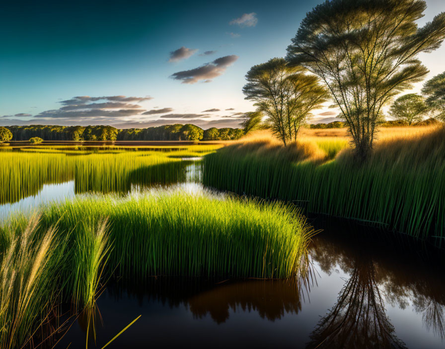 Tranquil Wetland Sunset with Green Reeds & Reflective Water