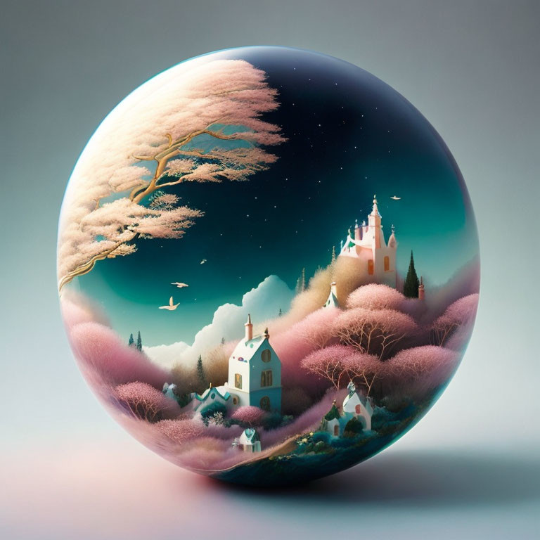 Fantasy landscape artwork with castle, houses, trees, and birds on spherical canvas