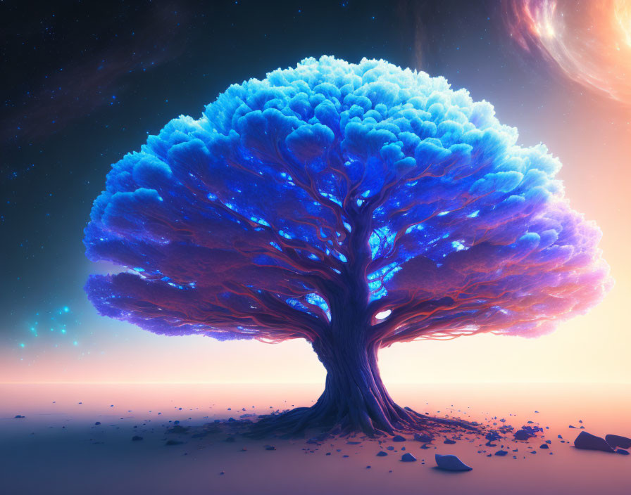 Vibrant otherworldly image: Massive tree with glowing blue foliage against cosmic backdrop.