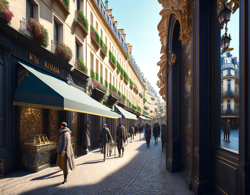 European Street Scene with Pedestrians and Ornate Buildings in Warm Sunlight