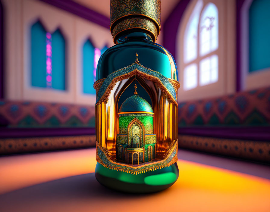 Blue perfume bottle with golden mosque silhouette in colorful Middle Eastern interior