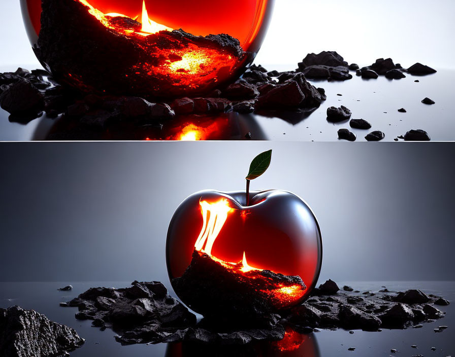 Stylized images of molten and glossy apples with illuminated crack amid broken pieces