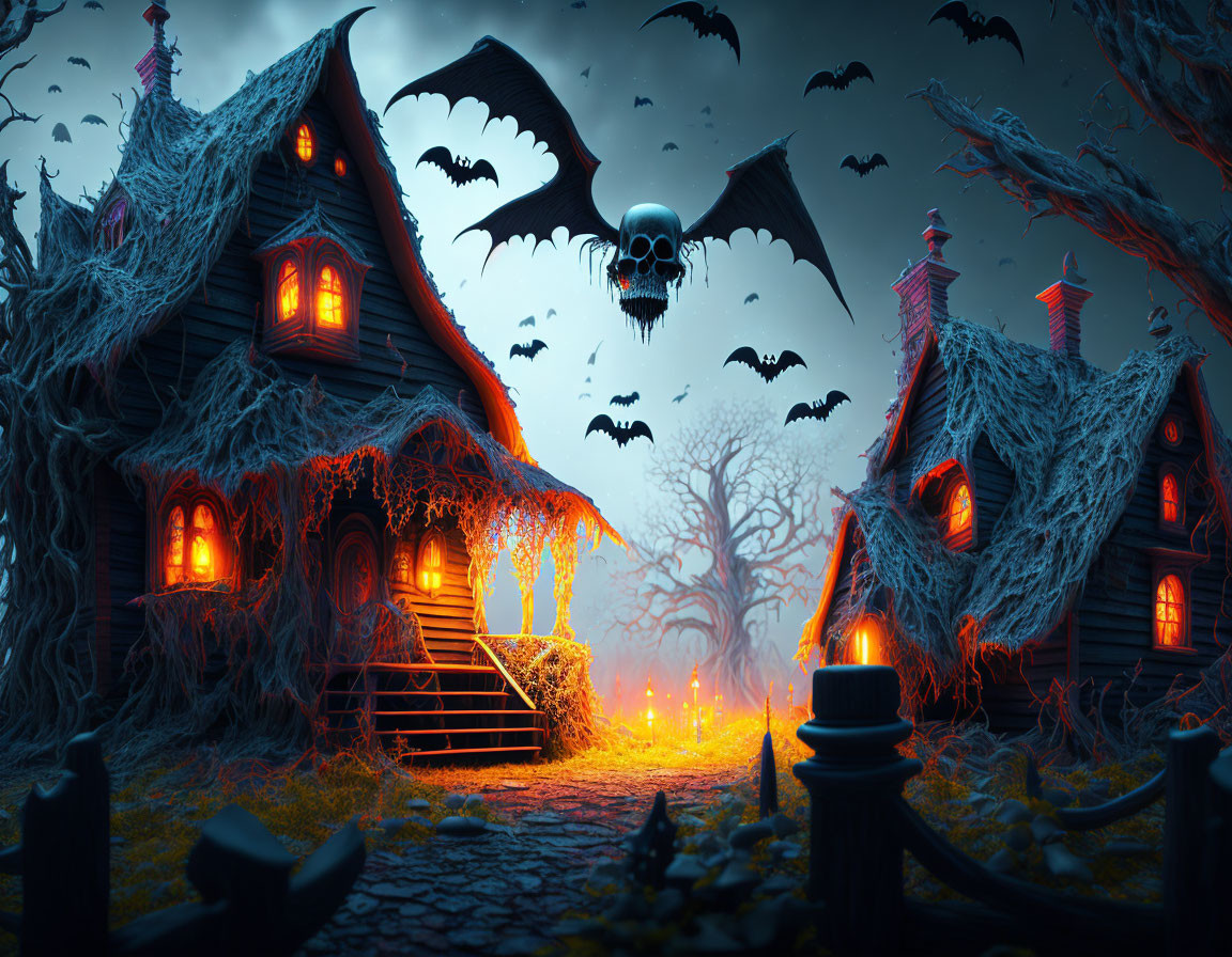 Haunted houses, cobwebs, bats, skull, and eerie fog in spooky scene