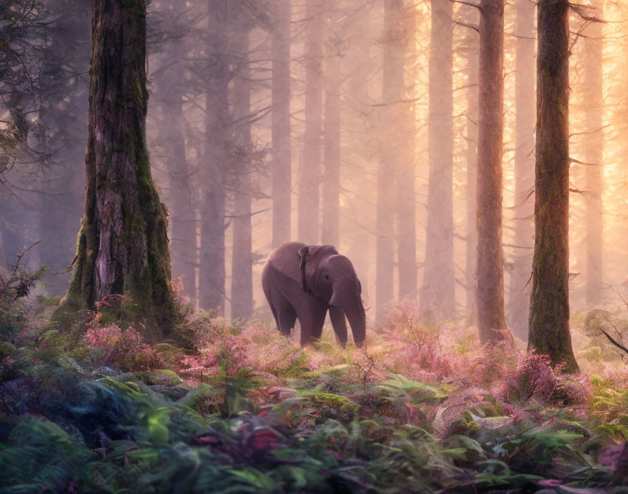 Elephant in misty forest with vibrant flora