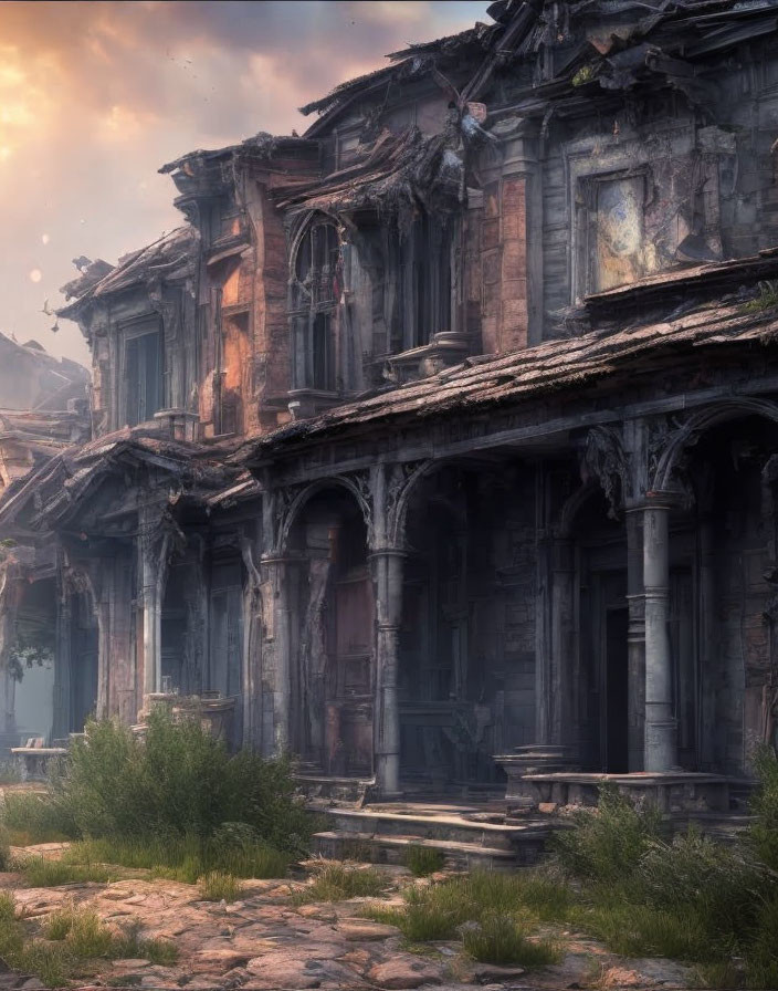 Decaying ancient building with crumbling columns and overgrown vegetation