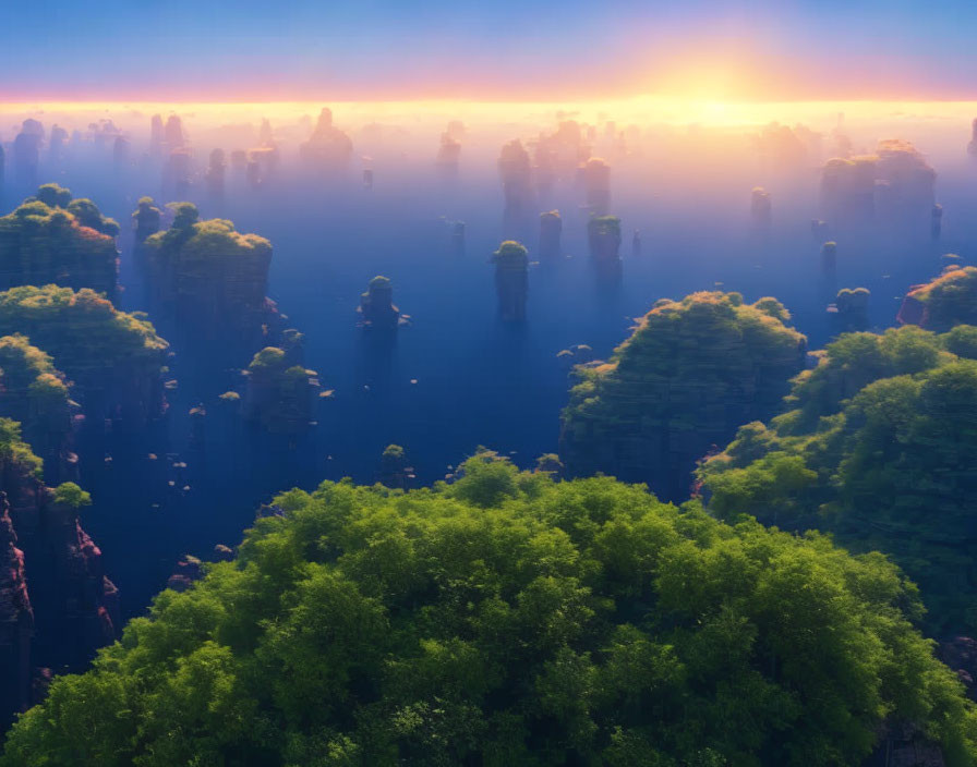 Majestic misty forested mountain pillars under warm sunrise