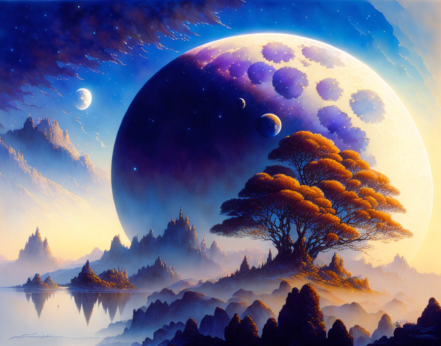 Majestic landscape with tree, misty mountains, lakes, and giant planet.