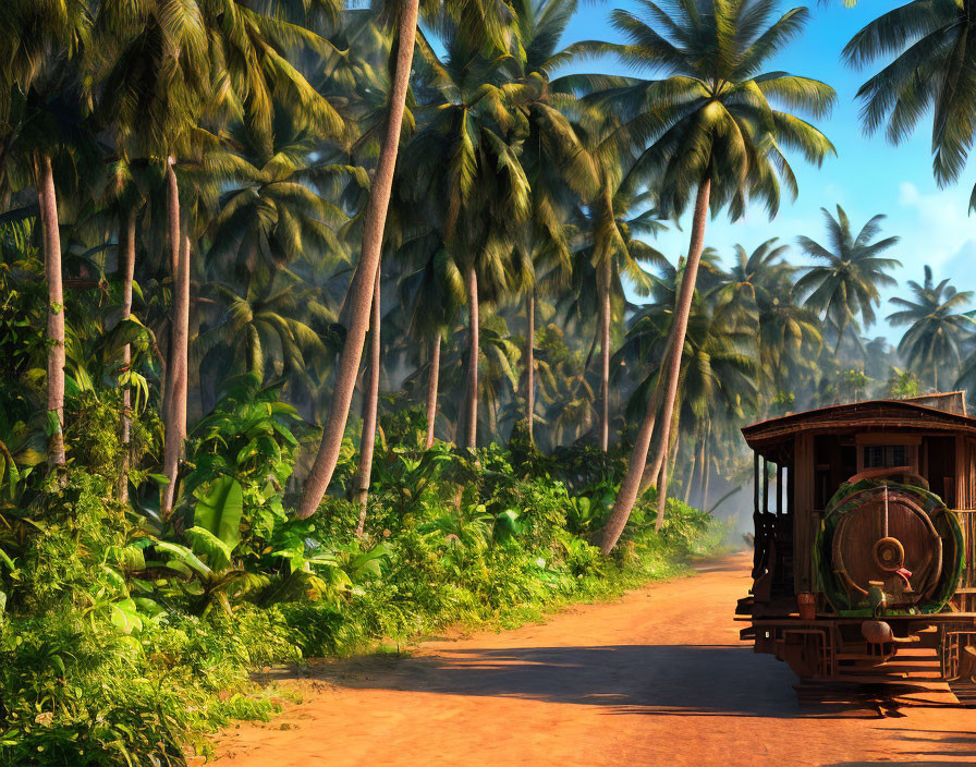 Vintage wooden tram on dirt road with lush palm trees under clear blue sky