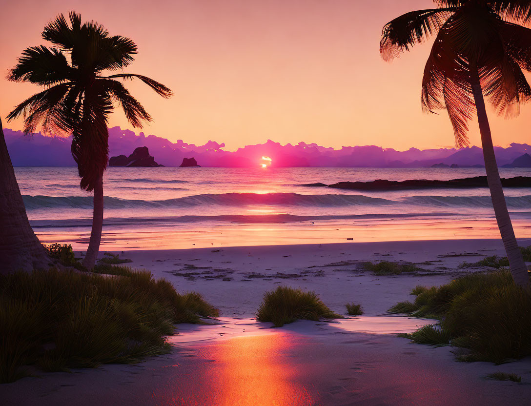 Scenic tropical beach sunset with palm trees and colorful sky