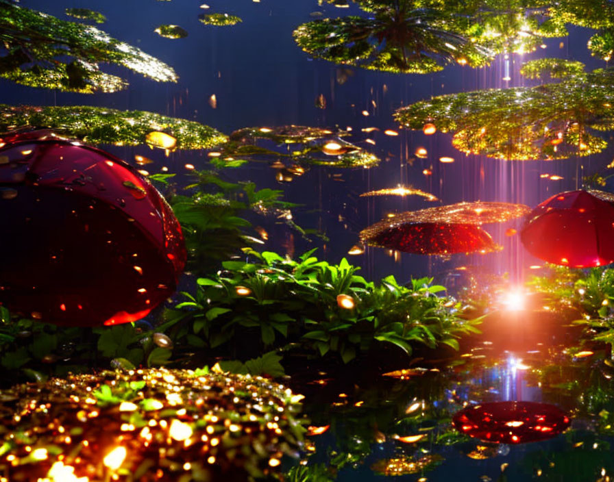 Nighttime garden scene with illuminated umbrellas and reflective water puddles