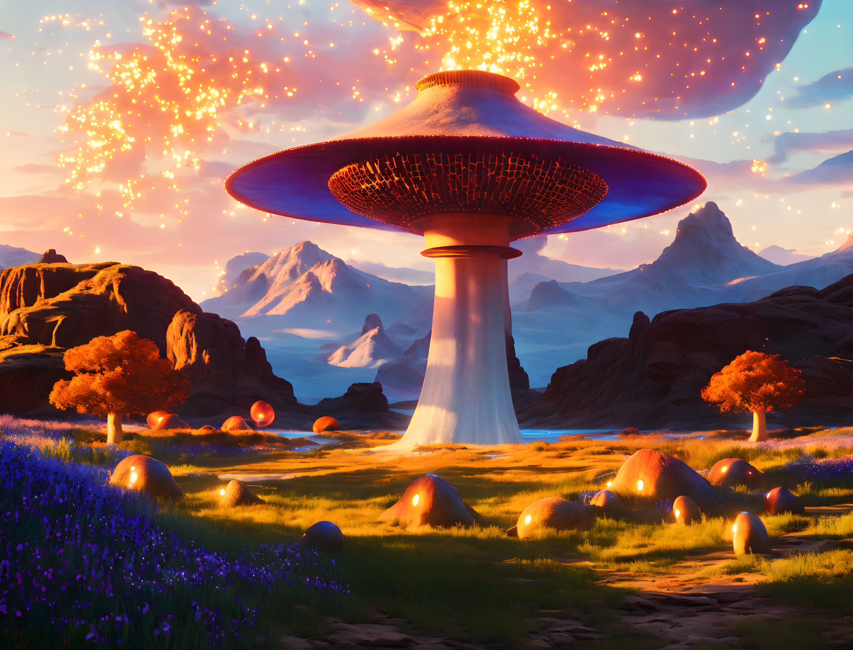 Colorful alien landscape with spaceship and glowing plants.